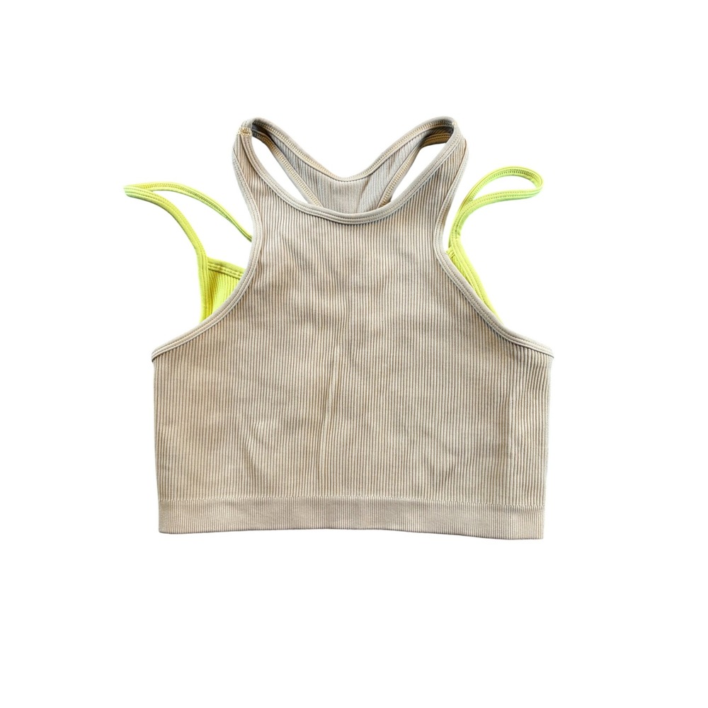 FP Movement Free People Ribbed Double Layer Crop Top Tan Neon Lime M/L